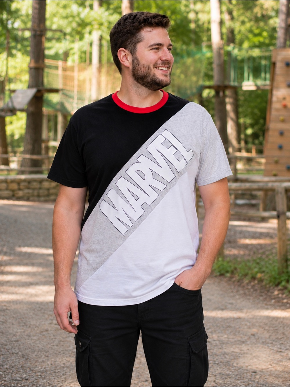 Marvel Our Universe Colorblock Logo T-Shirt Men’s XL Black Gray White